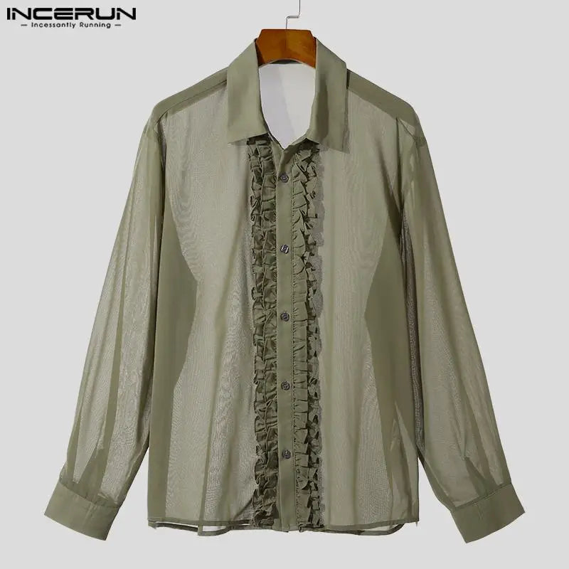 Mode Casual Style Tops INCERUN Neue Herren Chiffon Transparent Rüschen Knopfleiste Shirts Männliche Dünne Langarm Revers Bluse S-5XL