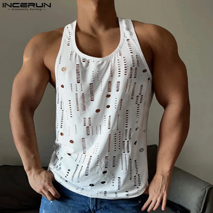 Men Tank Tops Hollow Out Solid O-neck Sleeveless Male Vests Streetwear 2024 Fitness Summer Fashion Men Clothing INCERUN S-5XL