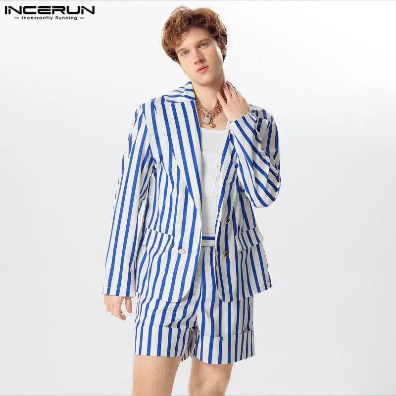 INCERUN 2024 American Style Sets Handsome Men's Fashion Striped Long Sleeved Suit Shorts Casual Streetwear Two-piece Sets S-5XL