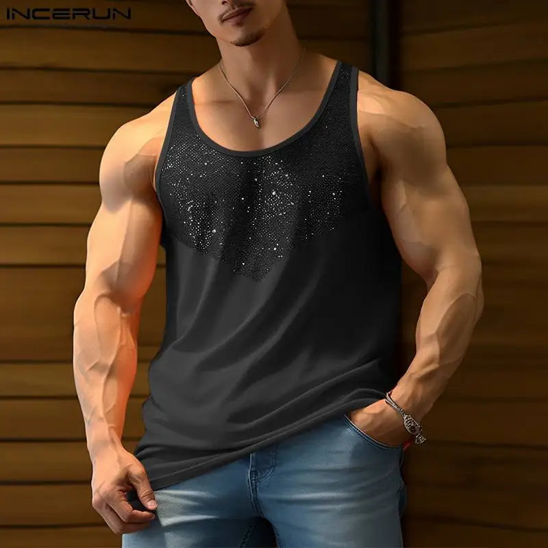 INCERUN Tops 2024 American Style New Men Glitter Fabric Mesh Splicing Vests Casual Sports Male Fitted Sleeveless Tank Tops S-5XL