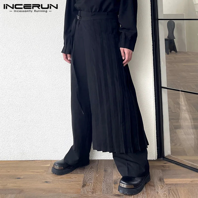 INCERUN 2023 Korean Style Men's Pantalons Detachable Half Pleated Skirts Pants Casual Streetwear Solid Wide Leg Long Pants S-5XL