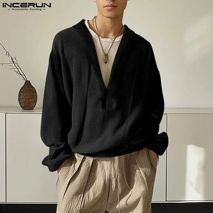 INCERUN Tops 2024 Korean Style Casual Men Deep V-neck Pullovers Stylish Streetwear Male Hot Sale Long Sleeved Sweatshirts S-5XL