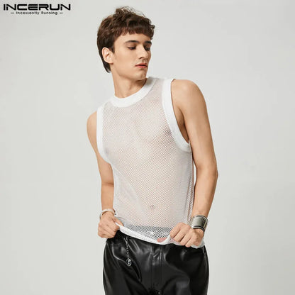 INCERUN Tops 2023 American Style New Men See-through Mesh Waistcoat Fashion Casual Male Hot Sale Knit Sleeveless Tank Tops S-5XL