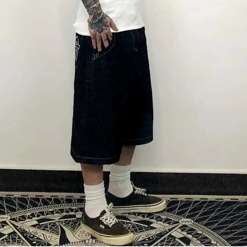 Hip Hop Pockets Embroidery Letter Print Jeans Shorts for Men Summer Retro Oversized Wide Leg Denim Knee Lenght Pants