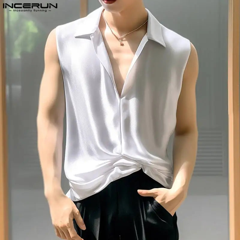 Handsome Well Fitting Tops INCERUN New Mens Stylish Satin Glossy Tank Tops Casual Streetwear V-neck Lapel Sleeveless Vests S-5XL