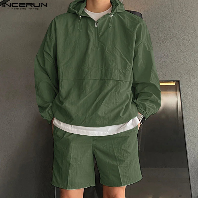 Fashion Casual Mens Sets INCERUN 2024 Hooded Sweatshirt Shorts Streetwear Male Hot Selling Hooded Sweatshirt Suit 2 Pieces S-5XL