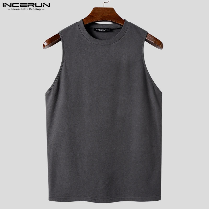 INCERUN Tops 2024 Korean Style New Men's Double-sided Suede Casual O-neck Vests Fashion Solid Simple Sleeveless Tank Tops S-5XL