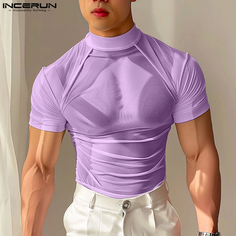 INCERUN Tops 2024 Koreanische Stil Neue Männer Sexy Mesh Sehen Durch T-shirts Mode Männlichen Hälfte Stehkragen Kurzarm camiseta S-5XL