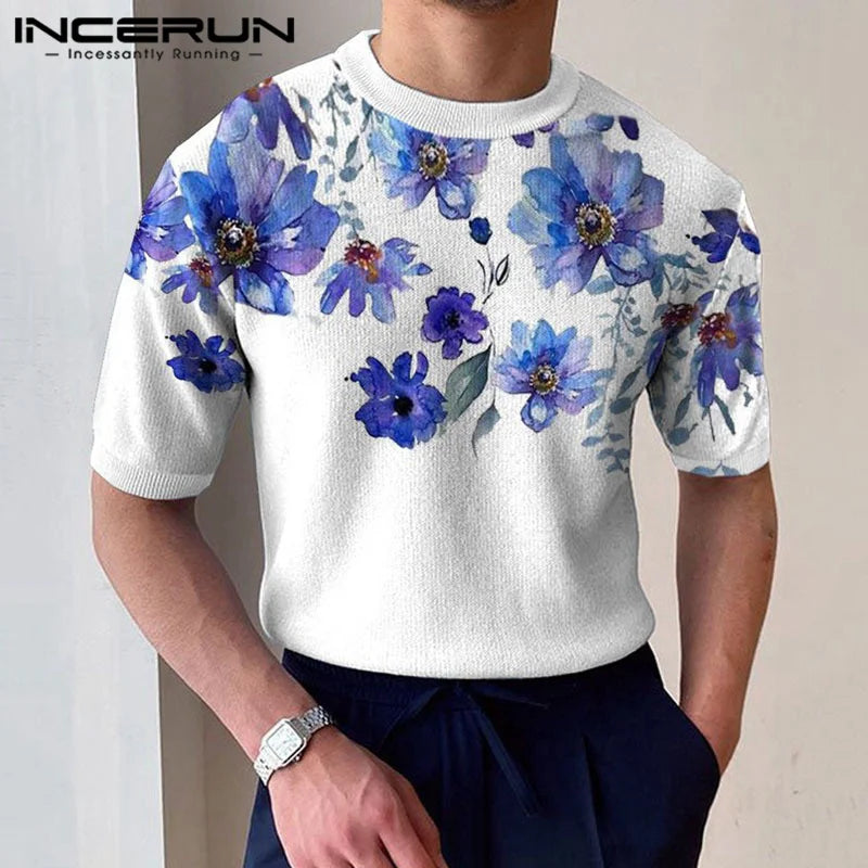 INCERUN Tops 2023 Korean Style New Men's Fashion Plant Printing T-shirts Casual Streetwear Male Round Neck Short Sleeve Camiseta