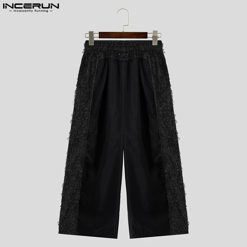 INCERUN 2024 Herrenhose im amerikanischen Stil mit Quasten, Spleißen, Design, lange Hose, lässige Streetwear, männlich, einfarbig, Pantalons, S-5XL