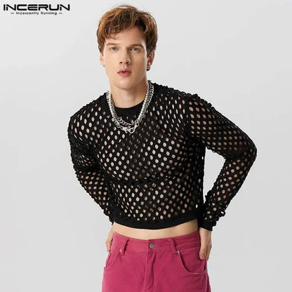 Fashion Well Fitting Tops INCERUN Handsome Men Perspective Mesh T-shirts Casual Sexy Hot Sale Thin Short Sleeved Camiseta S-5XL