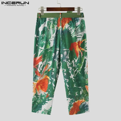 INCERUN 2024 Korean Style Trousers Men's Personality Flower Leaf Printing Long Pants Casual Streetwear All-match Pantalons S-5XL