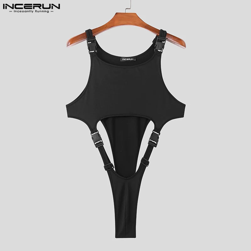 INCERUN 2024 Sexy Style Rompers Clothing Mens Solid Buckle Design Jumpsuits Fashion Hollowed Out Thin Sleeveless Bodysuits S-5XL