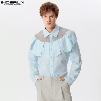 INCERUN Tops 2024 American Style Men's Mesh Splicing Multi Piece Style Shirts Casual Fashionable Male Long Sleeved Blouse S-5XL