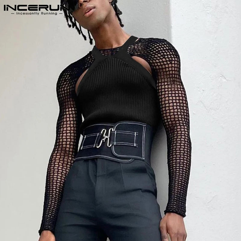 Fashion Casual Men Vest Camiseta Suit 2 Pieces Sexy Leisure Male Short Vests Hollow Breathable Mesh T-shirts S-5XL INCERUN 2023