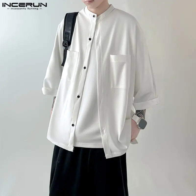 Handsome Well Fitting Tops INCERUN 2024 New Men's Simple Solid Large Pocket Shirts Casual Stand Neck Long Sleeved Blouse S-5XL