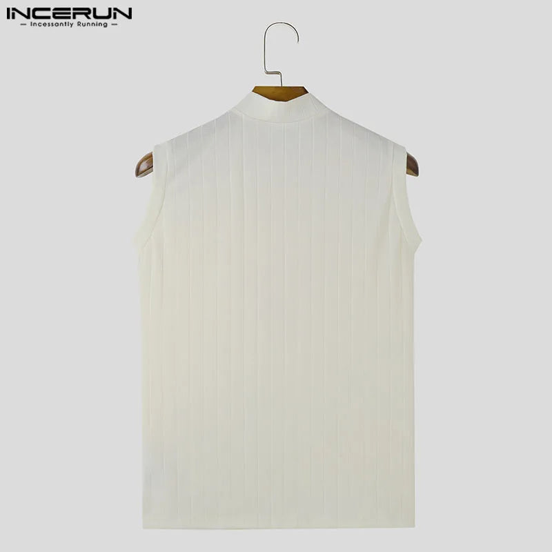 INCERUN Summer Tops Tee Fashion Sleeveless Men Tank Tops Casual Shirt V Neck Solid Hollow Out Oversized Streetwear Men Clothing