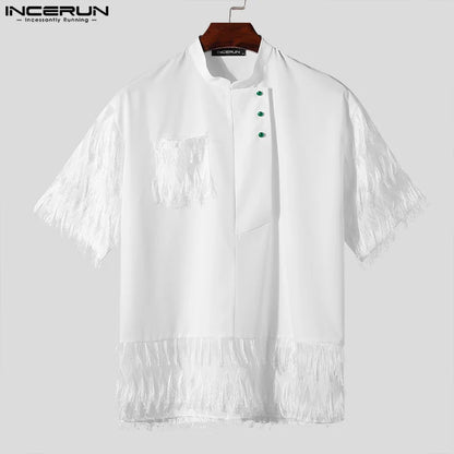 INCERUN Tops 2024 Korean Style Men's Solid Tassel Patchwork Design Shirt Casual Streetwear Male Short Sleeved Lapel Blouse S-5XL