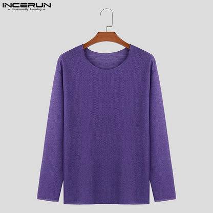 INCERUN Tops 2024 Korean Style Men's Loose Textured O-neck Design T-shirt Summer Casual Simple Solid Long Sleeved Camiseta S-5XL