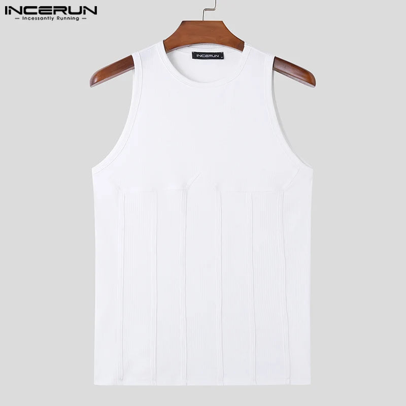 Handsome Well Fitting Tops INCERUN New Mens O-neck Patchwork Line Vests Casual Streetwear Personality Sleeveless Tank Tops S-5XL