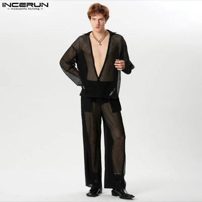 INCERUN 2024 Ensembles de Style Américain Sexy pour Hommes Hauts Creux en Dentelle Pantalons Longs Décontractés Spectacles de Fête Costume de Vente Chaude pour Hommes 2 Pièces S-5XL