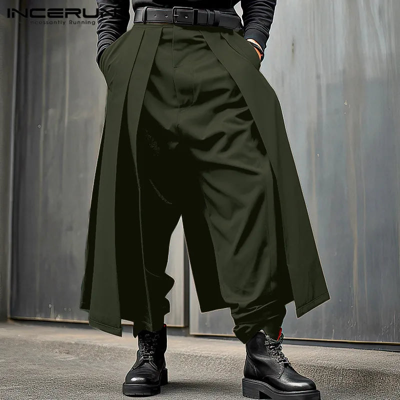 INCERUN Men Irregular Pants Solid Color Joggers Loose Button Pleated Casual Wide Leg Trousers Men Streetwear 2024 Fashion Pants