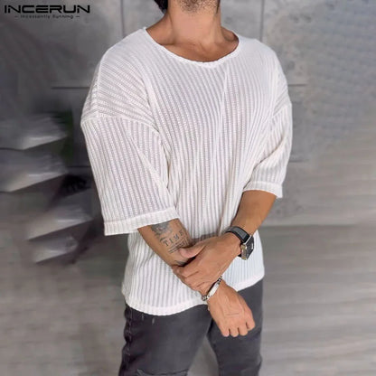 INCERUN Tops 2024 American Style Men's Thin Slightly Transparent Stripe Texture T-shirt Summer Casual Half Sleeve Camiseta S-5XL