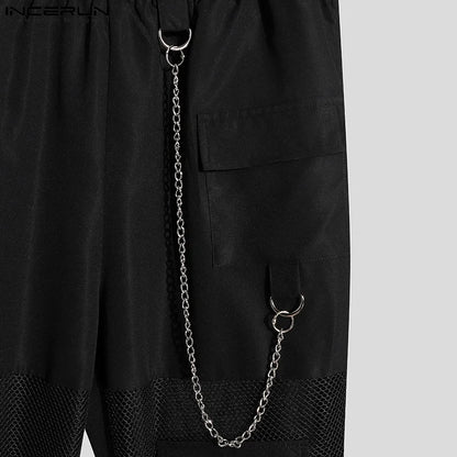 Fashion Well Fitting Long Pants INCERUN Men Chain Design Pantalons Male See-through Mesh Stitching Elastic Waist Trousers S-5XL