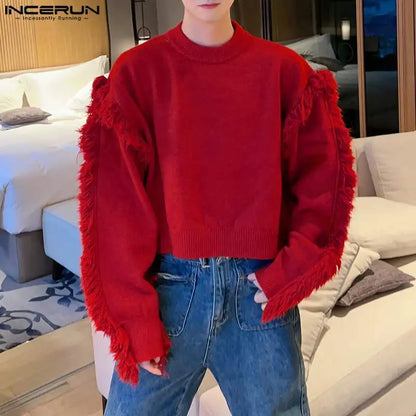 INCERUN Tops 2023 Korean Style New Men's Pullover Design Solid All-match Sweatshirts Tassels Trimmed Long Sleeved Sweaters S-5XL