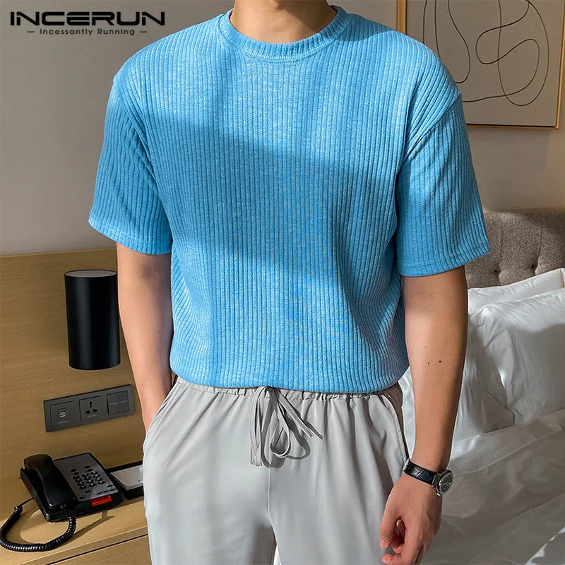 INCERUN Tops 2024 Korean Style Mens Solid Simple Knitted Fabric T-shirts Casual Well Fitting O-neck Short Sleeved Camiseta S-5XL