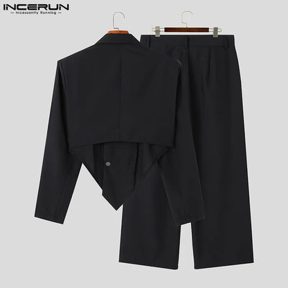 INCERUN 2023 Hommes Ensembles Couleur Unie Automne Revers Manches Longues Irrégulier Blazer &amp; Pantalon 2PCS Streetwear Mode Hommes Costumes Décontractés