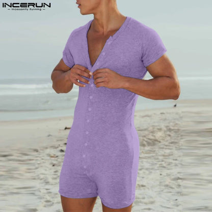 2024 Men Rompers Pajamas Solid Color O-neck Short Sleeve Button Casual Male Bodysuits Skinny Homewear Playsuits S-5XL INCERUN