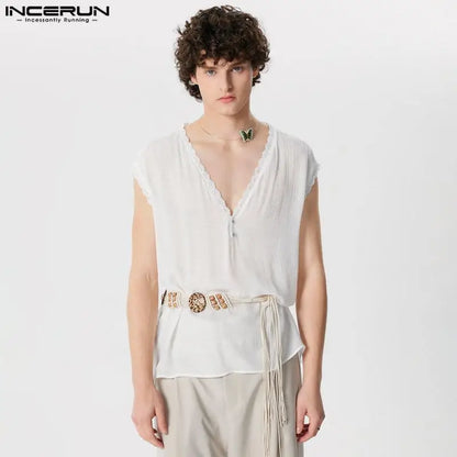 INCERUN Tops 2024 Korean Style Men's Casual See-through V-neck Vests Stylish Irregular Line Splicing Sleeveless Tank Tops S-5XL