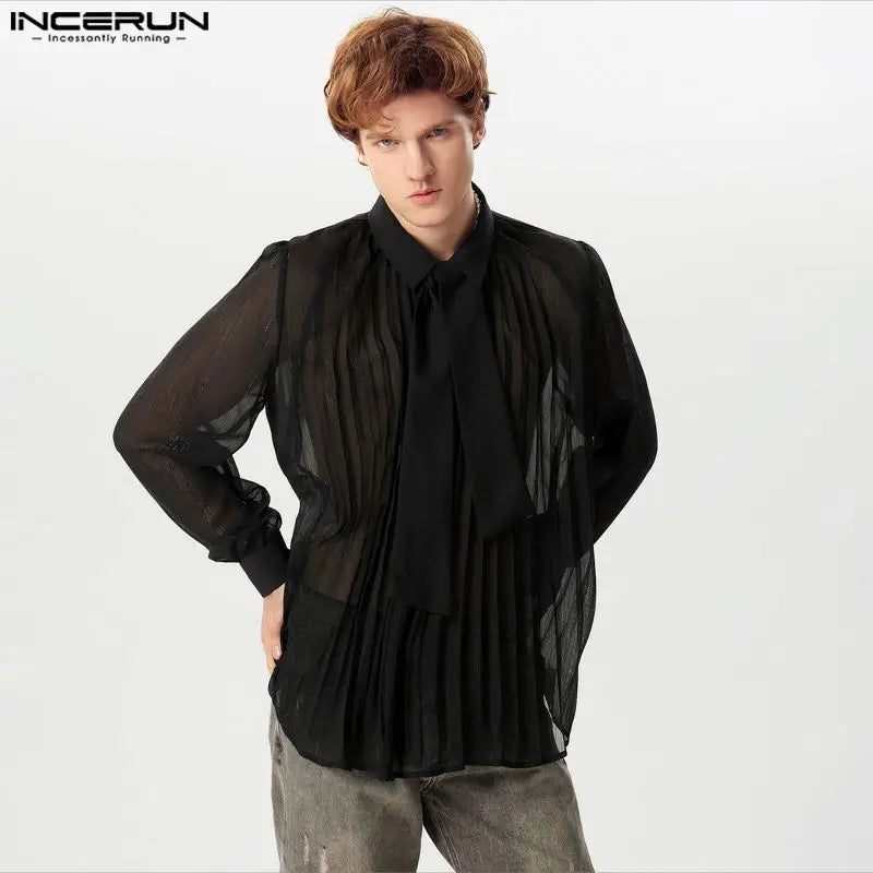 INCERUN 2024 Men's Sexy Shirt Mesh Transparent Lapel Long Sleeve Camisa Tie Pleated Solid Comfortable Clothing Streetwear S-5XL