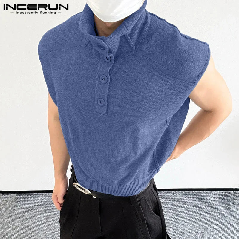 Summer Fashion Style Tops INCERUN 2024 New Mens Texture Lapel Vests Casual Streetwear Male Solid All-match Lapel Tank Tops S-5XL