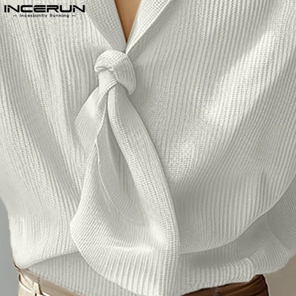 INCERUN Tops 2024 Korean Style Men Casual Simple Texture Tie Design Shirts Autumn Winter Fashion Male Long Sleeved Blouse S-5XL