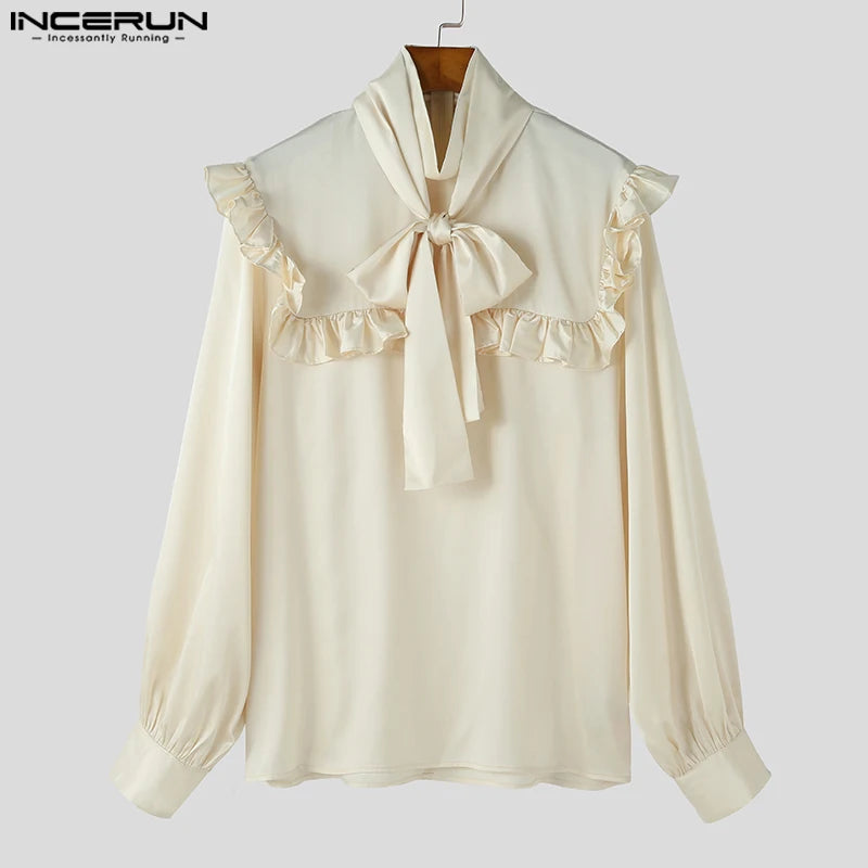 INCERUN Tops 2023 American Style New Men's Satin Tie Ruffle Design Shirts Casual Fashion Palace Style Long Sleeved Blouse S-5XL