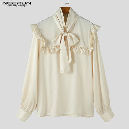 INCERUN Tops 2023 Style américain Nouveaux hommes Satin Cravate Volants Conception Chemises Décontracté Mode Palais Style Chemisier À Manches Longues S-5XL