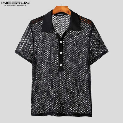 INCERUN Tops 2023 American Style Men's See-through Mesh Hollowed Shirts Casual Sexy Male Solid Short Sleeved Lapel Blouse S-5XL