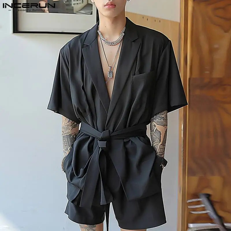 INCERUN 2024 Korean Style Sets Stylish New Mens Lace Short Sleeve Suit Shorts Casual Well Fitting Male Solid Suit 2 Pieces S-5XL