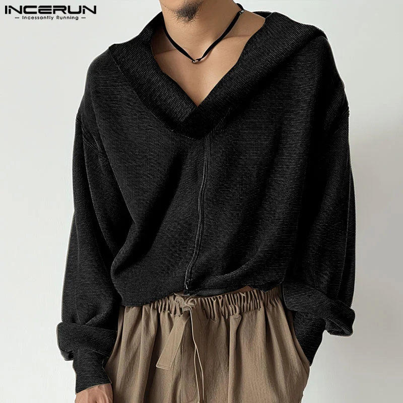 Fashion Well Fitting Tops INCERUN New Men's Knitted Hooded Sweater Autumn Streetwear Male Solid Long Sleeved Pullover S-5XL 2024