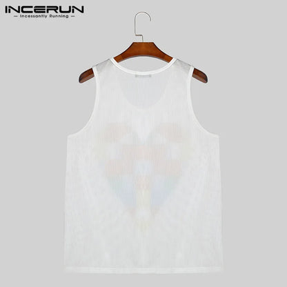 Fashion Well Fitting Tops INCERUN Men's Colorful Heart Pattern Design Vests Casual Hollowed Mesh Sleeveless Tank Tops S-5XL 2024