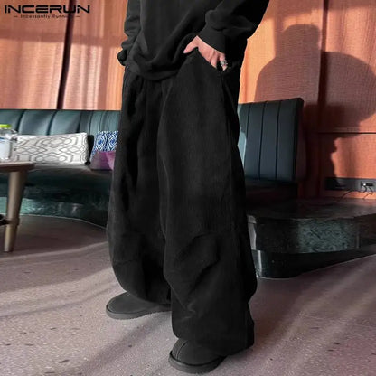 INCERUN 2023 Korean Style New Men's Trousers Corduroy Wide Leg Long Pants Casual Streetwear Male Hot Sale Solid Pantalons S-5XL