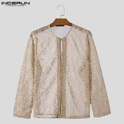 INCERUN Tops 2024 American Style Fashion Men Perspective Jacquard Button Shirts Casual Simple Long Sleeved Cardigan Blouse S-5XL