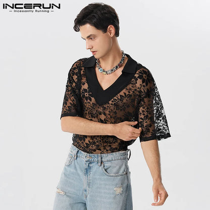 Handsome Well Fitting Tops INCERUN New Mens Sexy Fashion Thin Lace Mesh Shirts Casual See-through V-neck Lapel Blouse S-5XL 2024