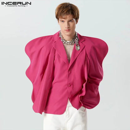 INCERUN Tops 2023 American Style Fashion Men's Collarless Design Flounce Blazer Casual Irregular Long Sleeved Suit Jackets S-5XL