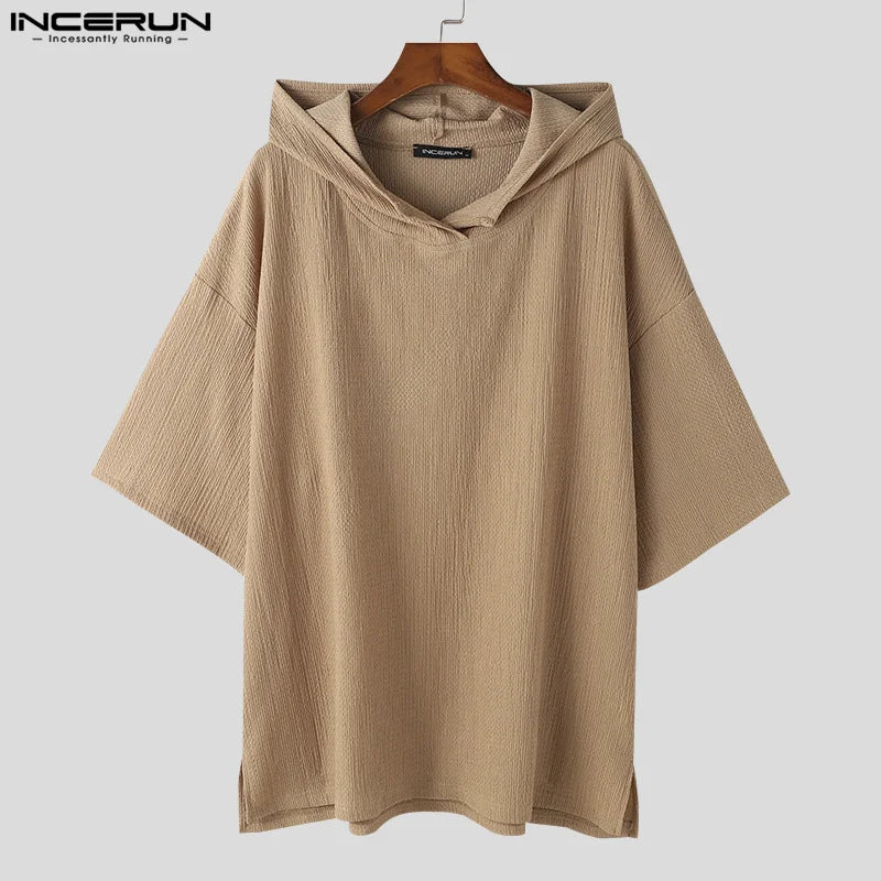 INCERUN Tops 2024 American Style Men's Fashion Texture Solid Hooded T-shirts Casual Streetwear Loose Half Sleeved Camiseta S-5XL