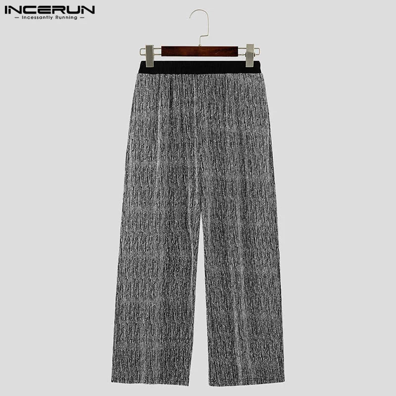 INCERUN 2024 Korean Style Trousers Men's Sparkling Fabric Short Striped Texture Long Pant Casual Streetwear Male Pantalons S-5XL