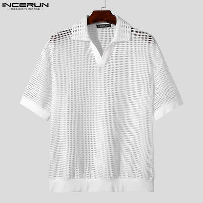 Sexy Fashion Style Tops INCERUN 2024 Mens Solid Mesh Hollow Design Shirts Casual Streetwear Male Half Sleeved Lapel Blouse S-5XL