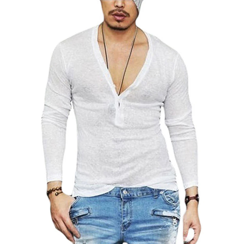 Herren T-Shirt Slim Fit Langarmshirt Einfarbig Tiefer V-Ausschnitt Knopfleiste Oberteile Muscle Tee Bluse Durchsichtige Hemden Lässige T-Shirts Tops